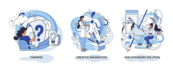 stock vector Creative thinking. People with different mental mindset types or model creative. Imaginative logical and structural thinking. MBTI person metaphor. Non standart solution. Brain think people solve idea