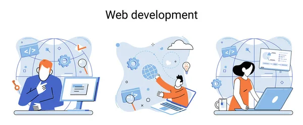 Metáfora Desenvolvimento Web Codificação Programação Site Layout Responsivo Internet Aplicativo —  Vetores de Stock