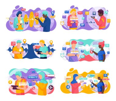 Ses asistanı. Akıllı hoparlör sanal asistanı, ses robotu, ses kontrollü akıllı hoparlör kullanan insanlar. Ses etkinleştirilmiş dijital kimlik kontrolü erişimi olmayan mobil cihaz mikrofonu