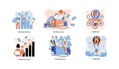 Capital gain, portfolio income, investment income. Investments and bonds, cash flow money slot, mutual fund, finance abstract metaphor. Money investing financiers analyzing stock market profit dollars