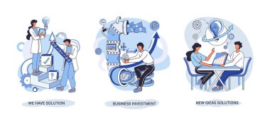 Çözüm metaforumuz, iş yatırımımız, yeni fikirler, çözüm sahnelerimiz var. Takım çalışması ve beyin fırtınası. Takım ve yeni bir başlangıç. Liderlik ve finansal faaliyetler. Yeni fikirler için ortak aramayı kavra