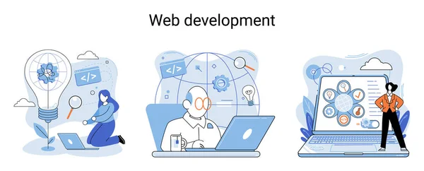 Web開発のメタファー コーディングやプログラミング対応レイアウトインターネットサイトやデバイスのアプリ デジタルソフトウェアモバイル デスクトッププラットフォームを作成します コンピュータコード タブレット デジタルビジネス — ストックベクタ