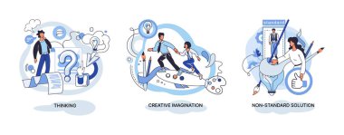 Yaratıcı düşünce. Farklı zihinsel yapıya sahip insanlar ya da model yaratıcı insanlar. Yaratıcı mantık ve yapısal düşünce. MBTI insan metaforu. Standart olmayan çözüm. Beyin, insanların fikirleri çözdüğünü düşünür.