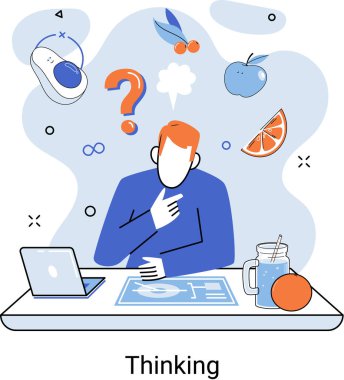 Problem çözme konsepti, masada oturan adam soru işareti ve meyve ikonlarıyla düşünür. Yaratıcı düşünce. Beyin fırtınası, fikir ve fantezi, motivasyon ve ilham, çözüm bulma, cevap