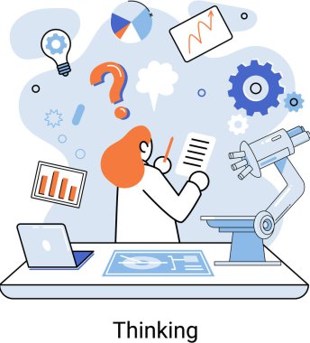 Problem çözme konsepti, merak eden, düşünen, planlayan ya da düşünen bir kadın, soru işareti olan. Yaratıcı düşünce. Beyin fırtınası, fikir ve fantezi, motivasyon ve ilham, çözüm bulma, cevap