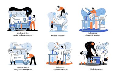 Tıbbi araştırma. Laboratuvar teşhis hizmetleri, tıbbi cihaz tasarım geliştirme sahneleri metaforu. Kimya kliniğindeki bilim adamları, mikrobiyoloji farmasötik araştırmaları. Aşı keşfi