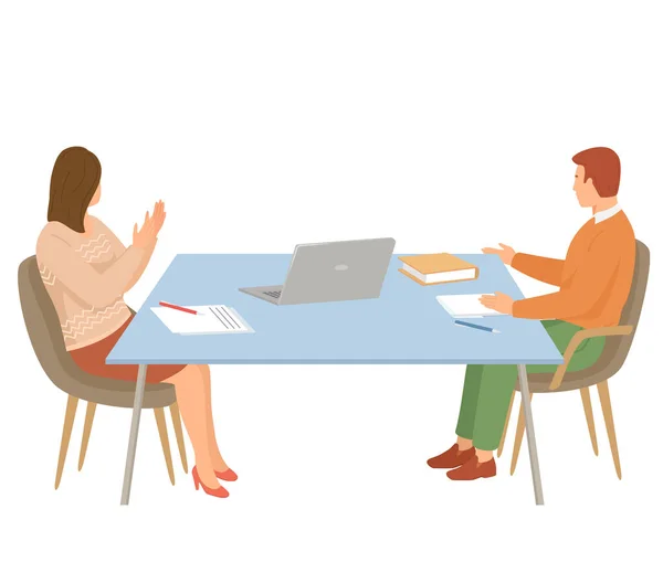 男人和女人一起工作 商人们坐在工作场所的桌旁 在笔记本电脑上工作 聊天和对话 商人阅读文件 办公室工作 — 图库矢量图片