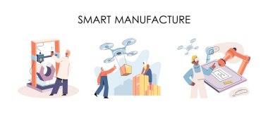 Akıllı imalat, otomasyon geliştirme metaforu. Yenilikçi akıllı endüstri ürün tasarımı, üretim süreci, otomatikleştirilmiş üretim hattı, dağıtım ve dağıtım robotları makine endüstrisi 4.0