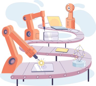 Otomatik endüstride üretim süreci. Robot işi yapan endüstriyel taşıyıcı. Teknik ve bilimsel yenilik vektör çizimi. Akıllı üretim, dijital aygıt üretiminin otomasyonu