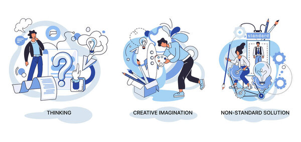 Creative thinking. People with different mental mindset types or model creative. Imaginative logical and structural thinking. MBTI person metaphor. Non standart solution. Brain think people solve idea