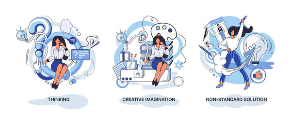 Creative thinking. People with different mental mindset types or model creative. Imaginative logical and structural thinking. MBTI person metaphor. Non standart solution. Brain think people solve idea