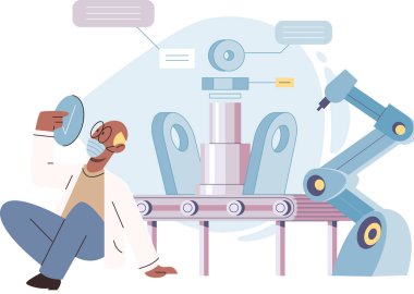 Otomatik üretim endüstrisinde üretim süreci. Robot işi yapan bir adam endüstriyel taşıyıcıyı izliyor. Teknik ve bilimsel yenilik. Akıllı üretim, otomasyon, geliştirme konsepti