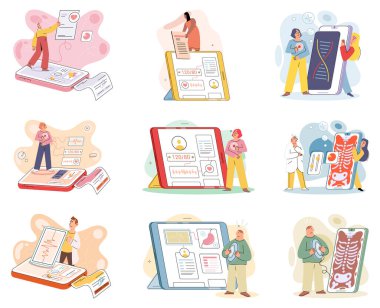 Çevrimiçi tıbbi danışmanlık ve destek metaforu. Çevrimiçi doktor. Sağlık hizmetleri, doktora sorun. Tele tıp e-sağlık servisi. Terapist telefon ekranını arıyor. Hastaların teşhisi