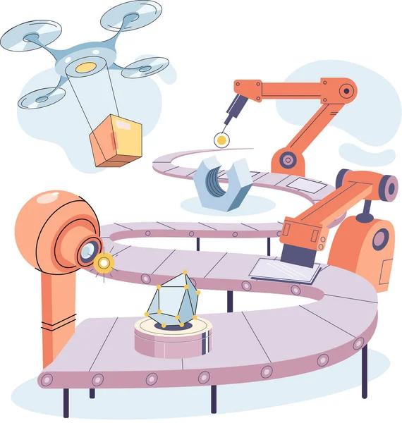 Tillverkningsprocess Vid Automatiserad Industri Industriell Transportör Med Robotarbete Teknisk Och — Stock vektor