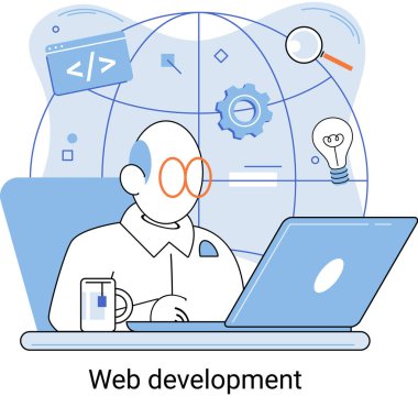 Web geliştirme metaforu, kodlama ve programlama yanıt veren internet sitesi veya aygıt uygulaması. Oluşturma dijital yazılım mobil, masaüstü platformları. Bilgisayar kodu, tablet, telefon, dijital iş