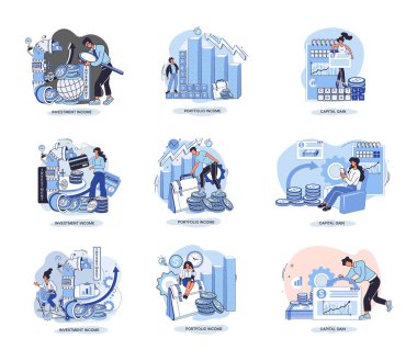 Capital gain, portfolio income, investment income. Investments and bonds, cash flow money slot, mutual fund, finance abstract metaphor. Money investing financiers analyzing stock market profit dollars