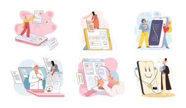 Çevrimiçi tıbbi danışmanlık ve destek metaforu. Çevrimiçi doktor. Sağlık hizmetleri, doktora sorun. Tele tıp e-sağlık servisi. Terapist telefon ekranını arıyor. Hastaların teşhisi