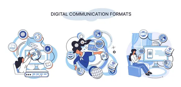 Formatos Comunicación Digital Metáfora Contenido Datos Línea Streaming Redes Sociales — Archivo Imágenes Vectoriales