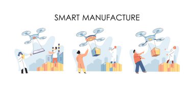 Akıllı lojistik teknolojisi metaforu. Modern ulaşım ve dağıtım fikri. Helikopter teslimatını kullanan insanlar. Teknik ve bilimsel yenilik. Teslimat sürecinin otomasyonu ve geliştirilmesi