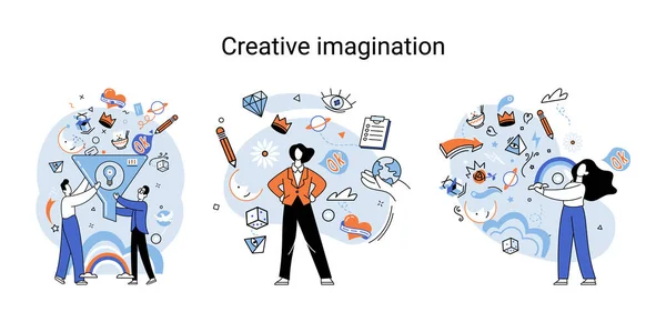 創造的な心 想像力またはブレインストーミングまたは独創的なアイデアの概念 創造的な想像力 幻想的な空間と創造性 幻想的な流れと創造性のメタファー 空想を念頭に置いて ビジョン開発 — ストックベクタ