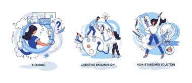 Yaratıcı düşünce. Farklı zihinsel yapıya sahip insanlar ya da model yaratıcı insanlar. Yaratıcı mantık ve yapısal düşünce. MBTI insan metaforu. Standart olmayan çözüm. Beyin, insanların fikirleri çözdüğünü düşünür.