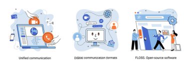 Yazılımla ilgili kelime bulutu. Dijital iletişim formatları, diş ipi, açık kaynak yazılımı. Birleşmiş sohbet modern teknoloji. Cihazlarla, mesajlarla ve e-postalarla iletişim kuruyor. E-öğrenme