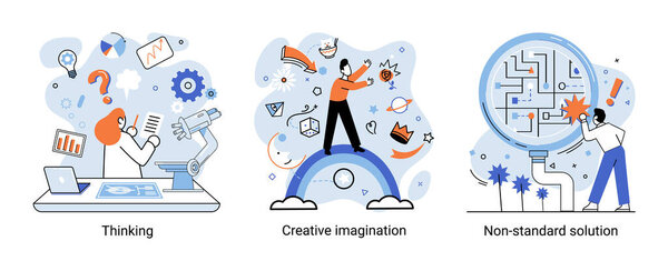 Creative thinking. People with different mental mindset types or model creative. Imaginative logical and structural thinking. MBTI person metaphor. Non standart solution. Brain think people solve idea