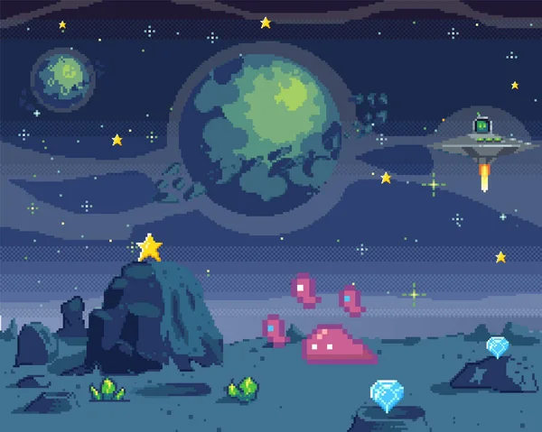 Pixel Τέχνη Κοσμική Περιοχή Τοποθεσία Του Παιχνιδιού Σκηνή Φανταστικούς Πλανήτες — Διανυσματικό Αρχείο