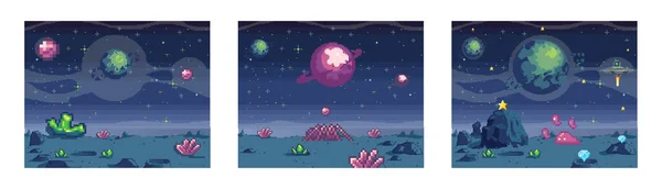 Kosmische Szenen Die Pixelkunst Spielen Verpixelter Ort Für Spiel Oder — Stockvektor