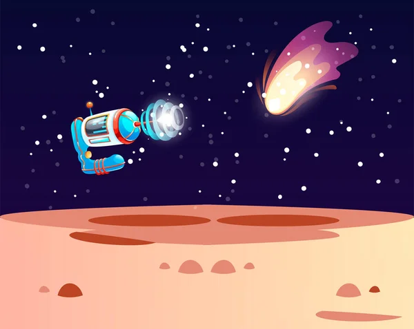 岩や軌道上の他のオブジェクトと宇宙エイリアン惑星の風景 星と宇宙の幻想的なイラストが空間に輝きます 宇宙船との地球外コンピュータゲームの背景 — ストックベクタ