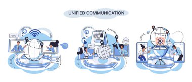 Birleşik iletişim metaforu. Karakterler kablosuz telefon bağlantısı kullanır. Bulut ya da ağ üzerinden haberleşme sistemi. Sosyal medya yaratıcı fikri. Çevrimiçi sosyal ağ. İş etkileşimi uygulaması