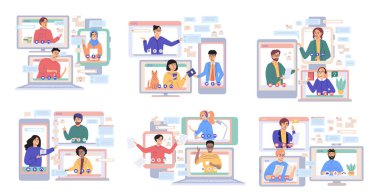 Sanal toplantı, online takım çalışması. Video konferansına katılan bir grup meslektaşla birlikte masaüstü bilgisayarı. Video konferans ve çevrimiçi iletişim için yazılım. Çevrimiçi kafatası oturumu, webinar
