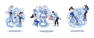 Çözüm metaforumuz, iş yatırımımız, yeni fikirler, çözüm sahnelerimiz var. Takım çalışması ve beyin fırtınası. Takım ve yeni bir başlangıç. Liderlik ve finansal faaliyetler. Yeni fikirler için ortak aramayı kavra