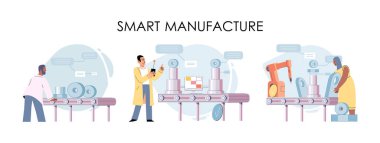 Akıllı imalat, otomasyon geliştirme metaforu. Yenilikçi akıllı endüstri ürün tasarımı, üretim süreci, otomatikleştirilmiş üretim hattı, dağıtım ve dağıtım robotları makine endüstrisi 4.0