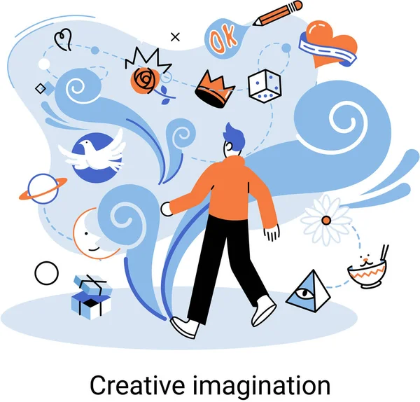Imaginação Criativa Criatividade Génio Pessoa Atenciosa Pensando Solução Reunindo Ideias —  Vetores de Stock