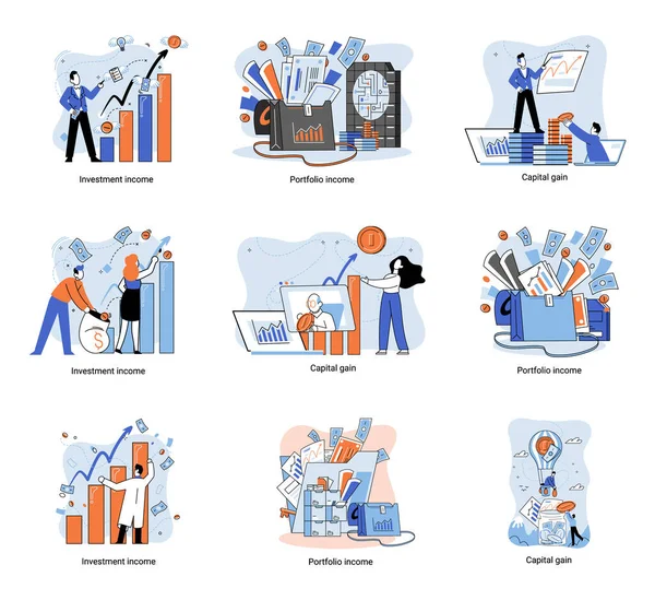 Capital gain, portfolio income, investment income. Investments and bonds, cash flow money slot, mutual fund, finance abstract metaphor. Money investing financiers analyzing stock market profit dollars