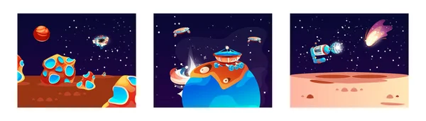 Űrbolygó Táj Készlet Kozmikus Játék Háttér Űrhajó Idegen Fantázia Aszteroida — Stock Vector