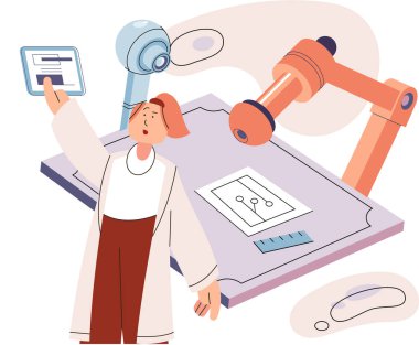 Üretim süreci endüstrisi. Bilim adamı robot ürünleri birleştiriyor. Akıllı imalat, otomasyon geliştirme metaforu. Akıllı endüstriyel ürün tasarımı, otomatikleştirilmiş üretim, robotlar ve makine 4.0