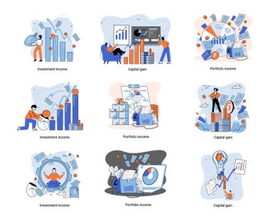 Capital gain, portfolio income, investment income. Investments and bonds, cash flow money slot, mutual fund, finance abstract metaphor. Money investing financiers analyzing stock market profit dollars