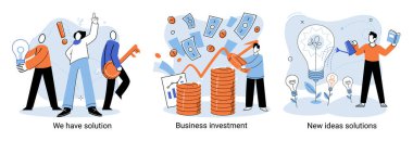 Çözüm metaforumuz, iş yatırımımız, yeni fikirler, çözüm sahnelerimiz var. Takım çalışması ve beyin fırtınası. Takım ve yeni bir başlangıç. Liderlik ve finansal faaliyetler. Yeni fikirler için ortak aramayı kavra