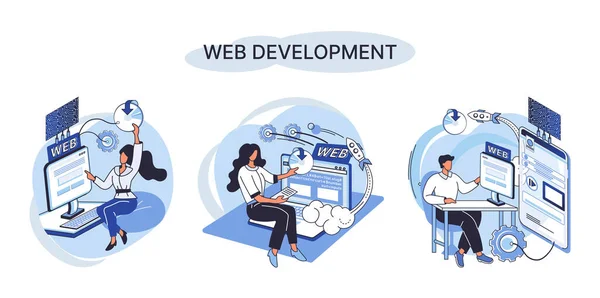 Metáfora Desenvolvimento Web Codificação Programação Site Layout Responsivo Internet Aplicativo —  Vetores de Stock