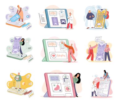 Çevrimiçi tıbbi danışmanlık ve destek metaforu. Çevrimiçi doktor. Sağlık hizmetleri, doktora sorun. Tele tıp e-sağlık servisi. Terapist telefon ekranını arıyor. Hastaların teşhisi