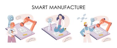 Üretim süreci endüstrisi. Bilim adamı robot ürünleri birleştiriyor. Akıllı imalat, otomasyon geliştirme metaforu. Akıllı endüstriyel ürün tasarımı, otomatikleştirilmiş üretim, robotlar ve makine 4.0