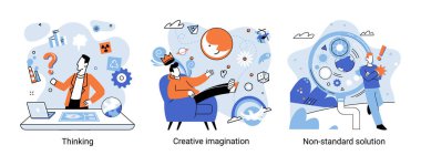 Yaratıcı düşünce. Farklı zihinsel yapıya sahip insanlar ya da model yaratıcı insanlar. Yaratıcı mantık ve yapısal düşünce. MBTI insan metaforu. Standart olmayan çözüm. Beyin, insanların fikirleri çözdüğünü düşünür.