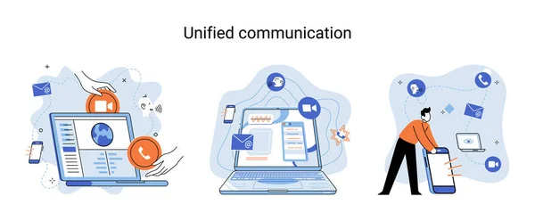 Egységes Kommunikációs Metafora Karakterek Vezeték Nélküli Telefonkapcsolatot Használnak Távközlési Rendszer — Stock Vector