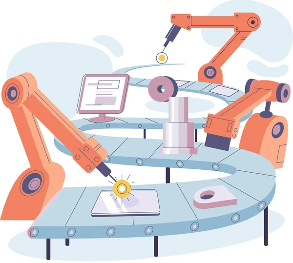 Procesul Fabricație Industria Automatizată Transportor Industrial Muncă Robotizată Inovație Tehnică — Vector de stoc