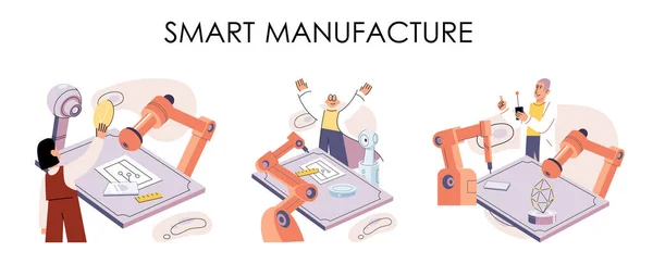Manufacturing Process Industry Scientist Robot Assembling Products Smart Manufacture Automation — Stock Vector