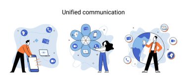 Birleşik iletişim metaforu. Sosyal medya yaratıcı fikri. Çevrimiçi sosyal ağ. İş etkileşimi uygulamaları. Pazarlama zamanı. İşbirliği ve bilgi alışverişi için mobil bilgisayar aygıtları