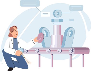 Akıllı imalat, otomasyon geliştirme metaforu. Yenilikçi akıllı endüstri ürün tasarımı, üretim süreci, otomatikleştirilmiş üretim hattı, dağıtım ve dağıtım robotları makine endüstrisi 4.0