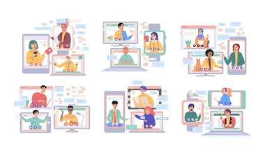 Sanal toplantı, online takım çalışması. Video konferansına katılan bir grup meslektaşla birlikte masaüstü bilgisayarı. Video konferans ve çevrimiçi iletişim için yazılım. Çevrimiçi kafatası oturumu, webinar